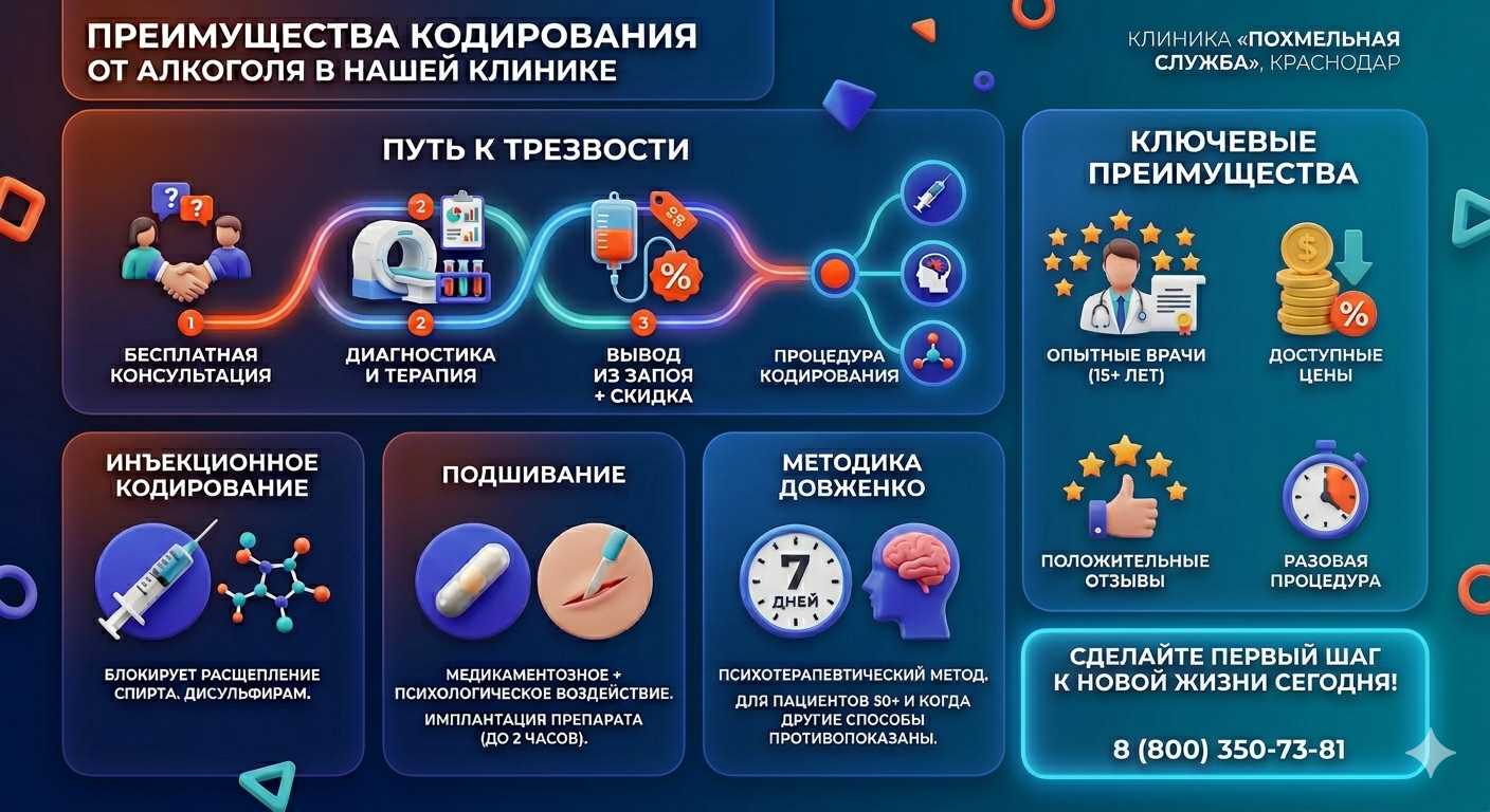 Инфографика о методах кодирования от алкоголя в Березанской: инъекции, подшивание, метод Довженко. Преимущества клиники и этапы лечения.