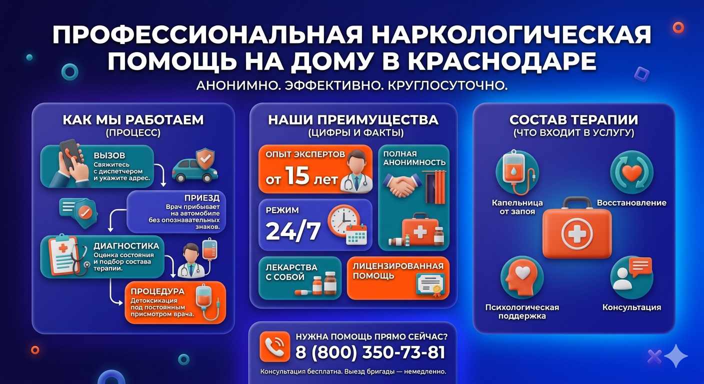 Инфографика о принципах лечения алкоголизма на дому в Березанской: этапы вызова нарколога, преимущества анонимной детоксикации и состав медицинской помощи.
